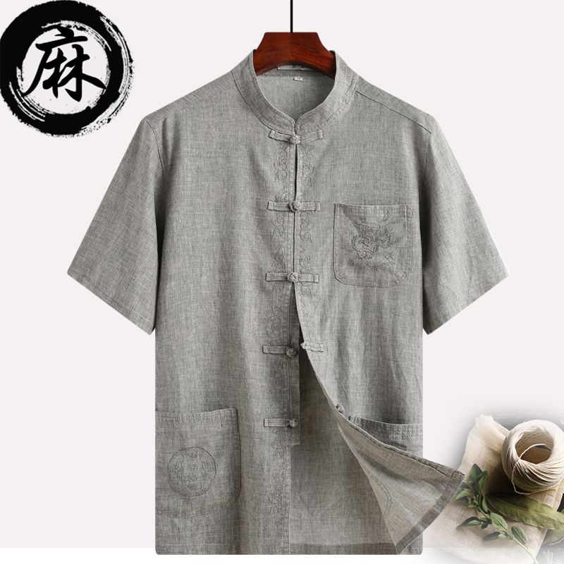 China Wind Men's Clothing Summer Linen Middle Aged Tang Dress Man Short Sleeve Shirt Cotton Numb Grandpa Summer Clothing Hanfu Dpa Costume