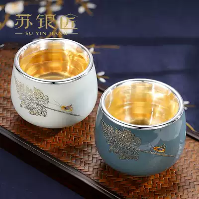 Sterling silver tea cup sterling silver 999 Cup Kung Fu Tea Cup Cup master cup small teacup porcelain bag silver cup Japanese style