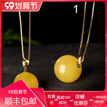 Natural beeswax hanging chain amber raw stone with single round beads 18k necklace female collarbone Baltic chicken butter