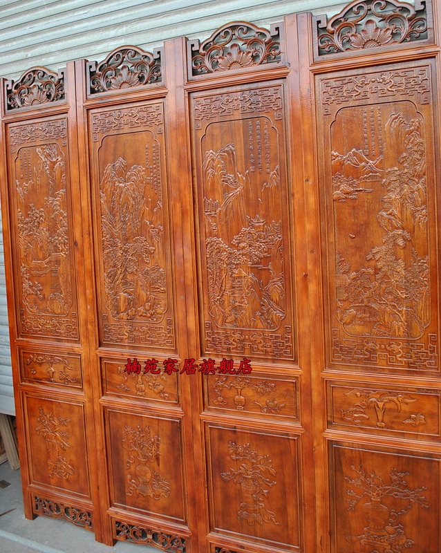 Dongyang khắc gỗ bốn màn hình Trung Quốc vách ngăn hiên màn hình cổ long não gỗ chạm khắc phong cảnh - Màn hình / Cửa sổ