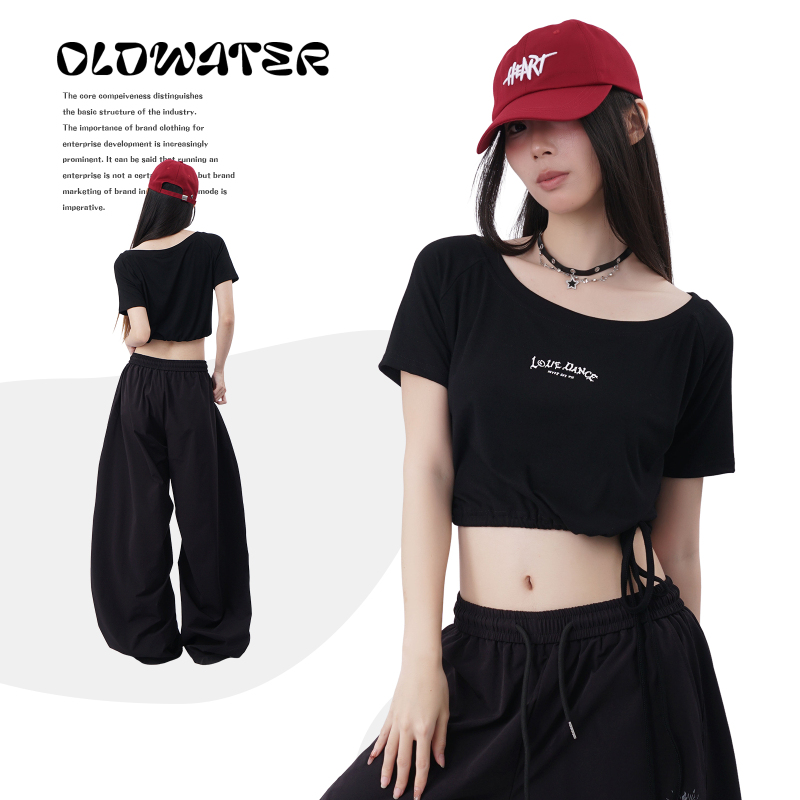 2026 Super Trendy Age-Reducing Crop Top Black Short Top for Women Summer New Drawstring Waist Jazz Dance Short Sleeve Trendy