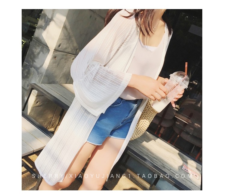 Hàn quốc phiên bản của ren voan cardigan của phụ nữ phần dài áo khoác mỏng dài tay lưới áo sơ mi khăn choàng bãi biển kem chống nắng quần áo bên ngoài mất ao so mi nu dep