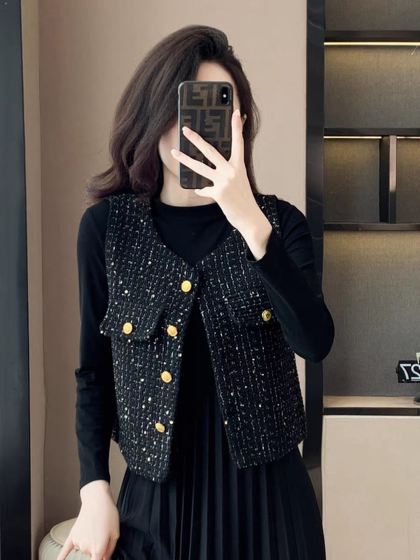 Chanel-Style Color-Block Tweed Vest for Women, New Spring and Autumn Model with a High-End Feel, Sequin Button Vest Jacket with an Elegant Vibe