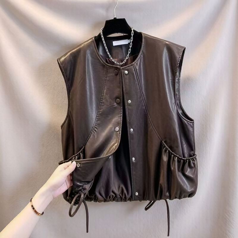 High-End and Elegant Sleeveless Leather Vest for Women, 2026 Autumn and Winter New Style, Drawstring Hem, Loose and Versatile Vest Jacket High-End and Elegant Sleeveless Leather Vest for Women, 2026 Autumn and Winter New Style, Drawstring Hem, Loose and Versatile Vest Jacket