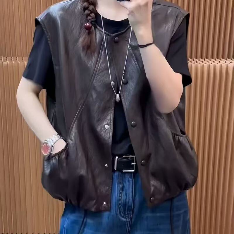 Round Neck Pu Leather Vest for Women, Autumn Loose Sleeveless Jacket, Fashionable Casual Vest, Trendy