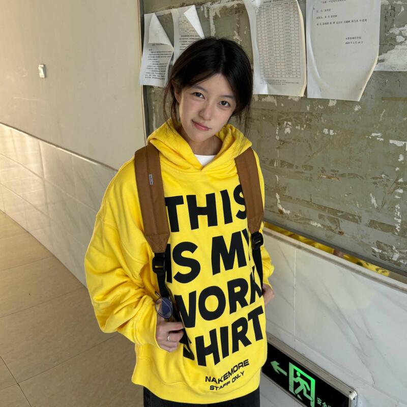 American-Style Trendy Retro Yellow Loose Pure Cotton Hooded Sweatshirt for Men and Women, Oversize Versatile Loose Lazy Hoodie