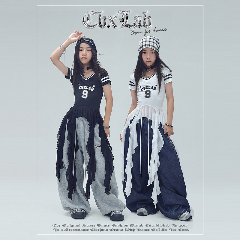 Cbxlab Children's Street Dance Trendy American-Style Ruffled Tail Jazz Top European and American Stage Black and White Jersey Short-Sleeve Trendy Cbxlab Children's Street Dance Trendy American-Style Ruffled Tail Jazz Top European and American Stage Black and White Jersey Short-Sleeve Trendy