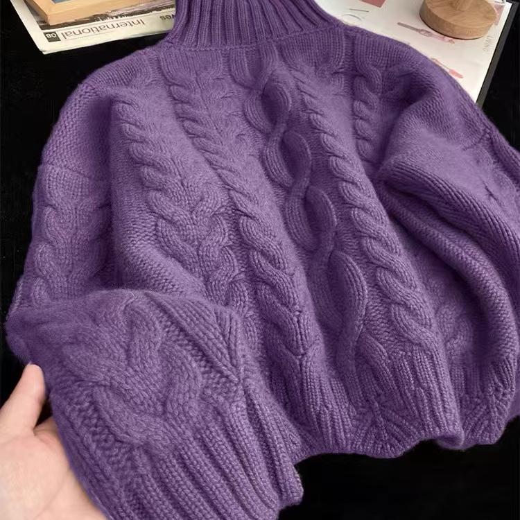 French-Style Half-Turtleneck Pullover Loose Lazy Sweater for Women, Autumn and Winter, Petite Size, Purple Warm Base Knit Top