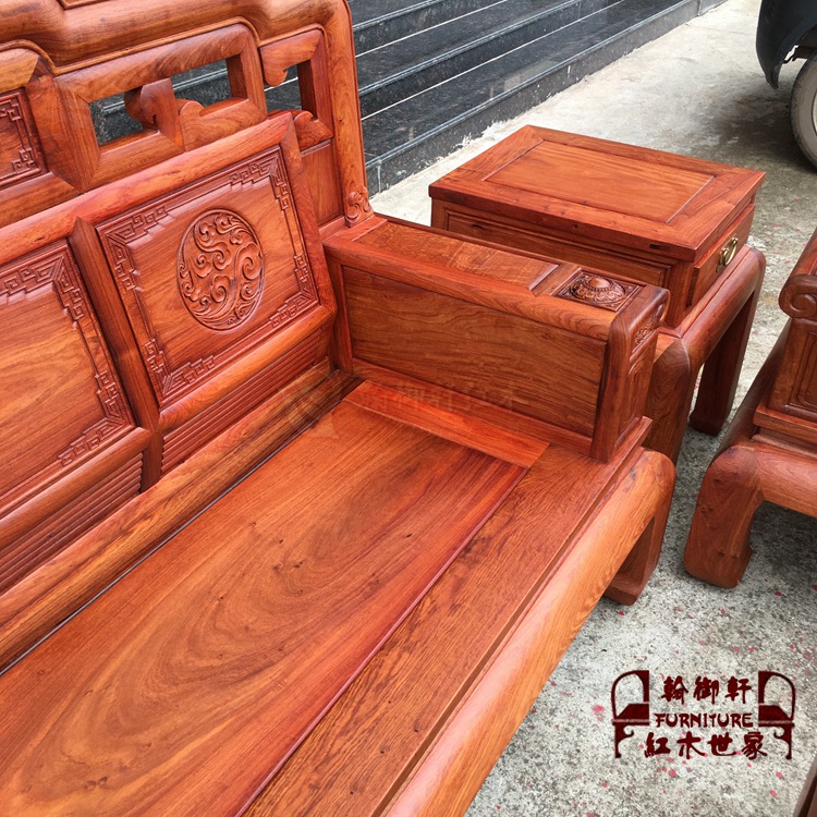 Gỗ hồng mộc Miến Điện quốc gia Thiên Hương 1 + 2 + 3 bộ ghế sofa chạm khắc sáu quả gỗ hồng mộc lớn bằng gỗ gụ - Bộ đồ nội thất giường gấp