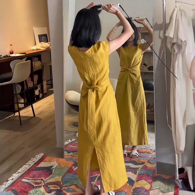 Yellow Twisted Linen Sleeveless Dress for Women, Summer 2026 New Style, Slimming and Elegant, Waist-Cinching A-Line Mid-Length Dress Yellow Twisted Linen Sleeveless Dress for Women, Summer 2026 New Style, Slimming and Elegant, Waist-Cinching A-Line Mid-Length Dress