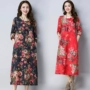 2018 mùa thu mới gió quốc gia dài tay bông và vải lanh ăn mặc kích thước lớn của phụ nữ phần dài lỏng mỏng Một từ váy shop quần áo nữ gần đây