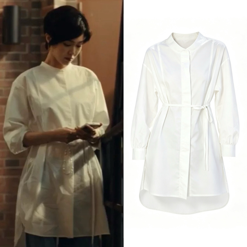 In Stock, Love Has No Myths, Lin Zhanqiao and Tang Yan's Same Style White Shirt, Long-Sleeved, Mid-Length Top with Irregular Edges