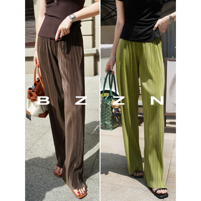 Bzzn Lazy Relaxation Aesthetics Summer Thin Imported Miyake Style Pleated Pants Women's Minimalist One-Piece Straight Long Pants Bzzn Lazy Relaxation Aesthetics Summer Thin Imported Miyake Style Pleated Pants Women's Minimalist One-Piece Straight Long Pants