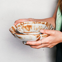 Handmade vintage plate Petal coarse pottery soup plate Jingdezhen Japanese tableware home tall dish old-fashioned dinner plate