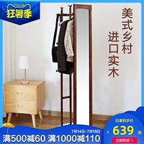 Solid wood full-length mirror Floor-to-ceiling mirror Full-body household rotating mobile bedroom home fitting Simple American storage mirror