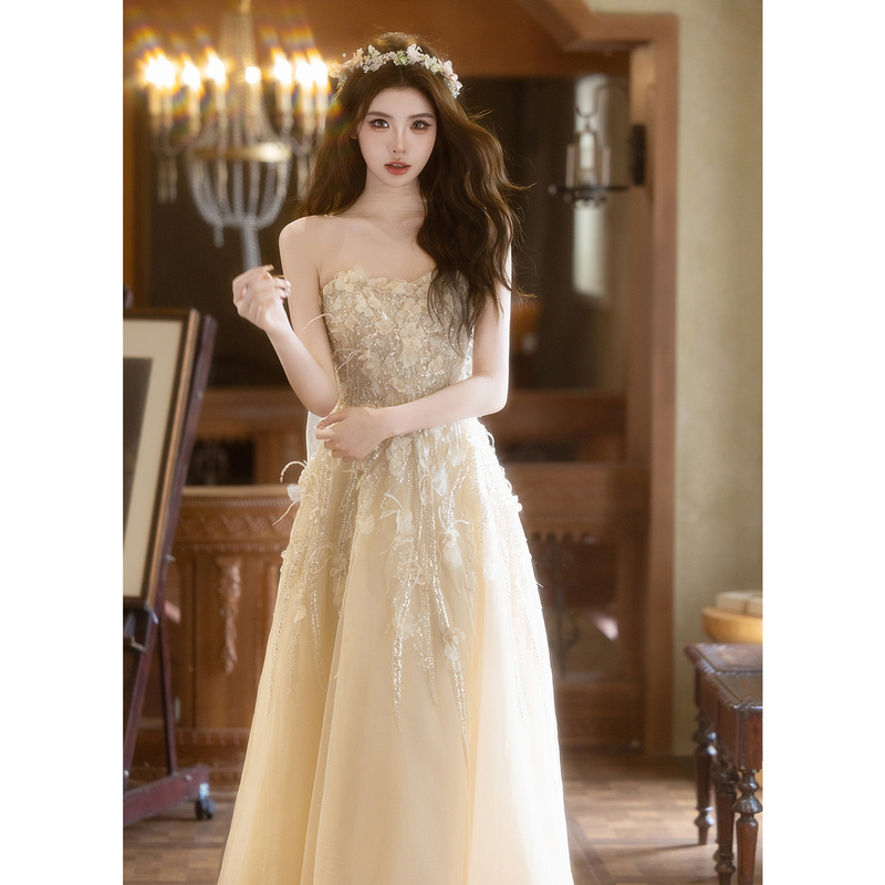 Stunning Strapless Bridal Engagement Robe Dress 2026 New Wedding Toast Dress Light Luxury Niche Banquet Evening Dress