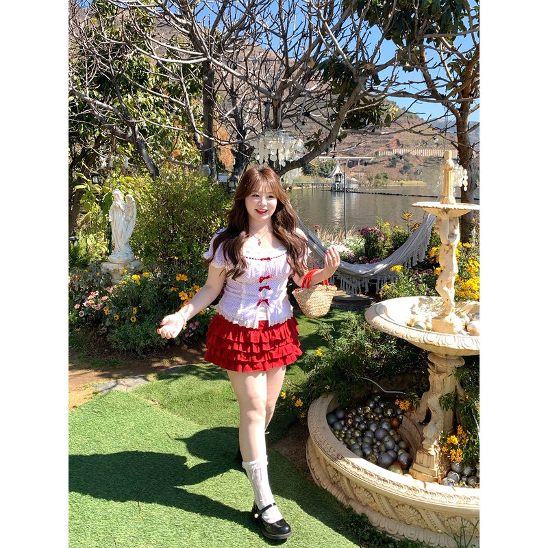 Red Polka Dot Puff Sleeve Lace Bow Exquisite Top/Red Tiered Cake Skirt (Includes Leggings)