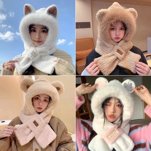 卡通可爱毛绒帽子围巾一体式