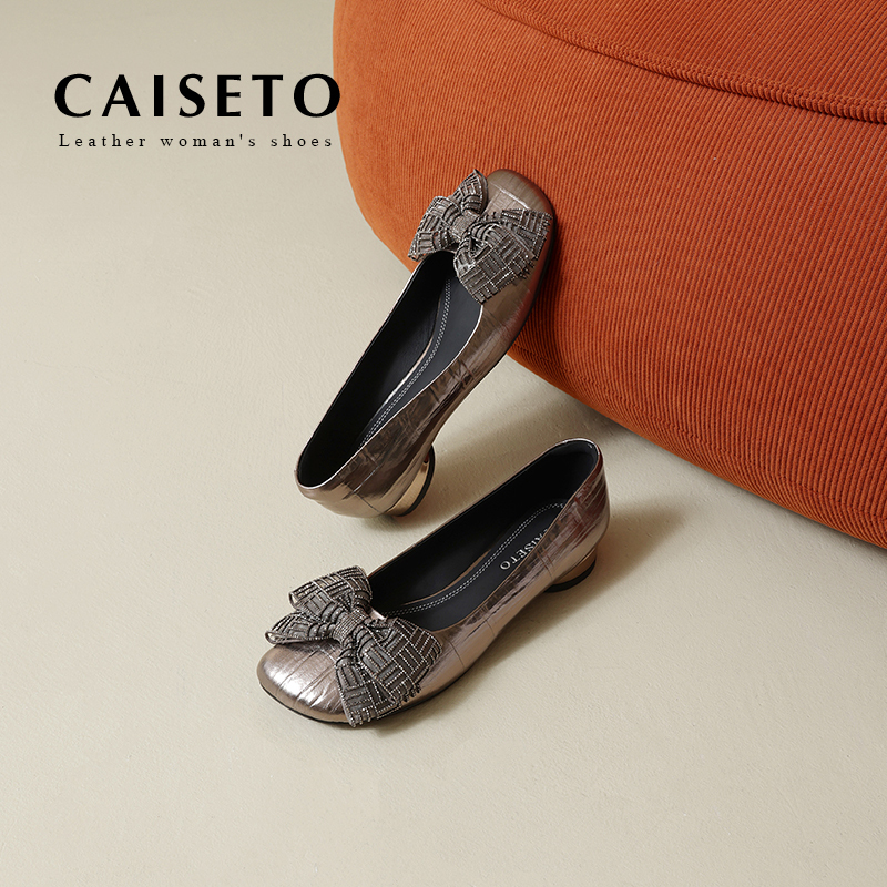 Caiseto2026 French Retro Square-Toe Shallow Bow-Knot Chunky Heel Women's Genuine Leather Large Size Shallow Shoes Caiseto2026 French Retro Square-Toe Shallow Bow-Knot Chunky Heel Women's Genuine Leather Large Size Shallow Shoes