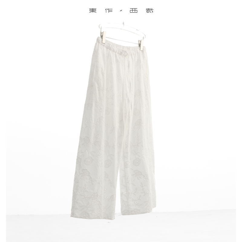 Exquisite Hollow Embroidery~ White Elastic Waist Casual Pants for Women, All-Cotton, Loose and Versatile, New Spring/Summer Style, Slimming