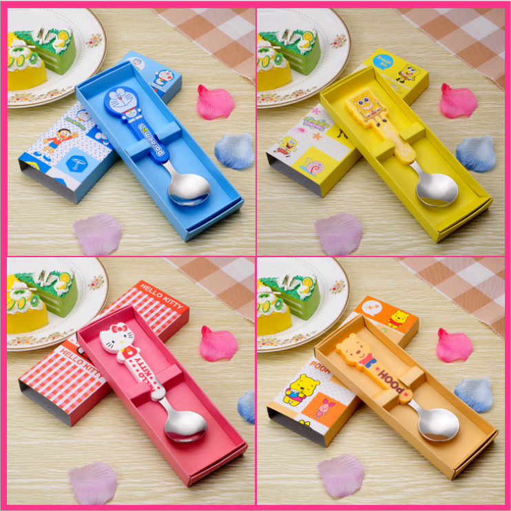 Cute children cartoon spoon high quality food grade stainless steel metal chopsticks tableware two-piece set student small gift