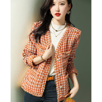 Clearance and leaked first-line brand counters withdraw cut label women's small fragrance V-neck raw edge houndstooth top coat