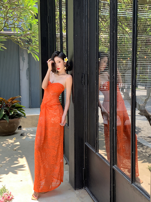 Island Store Orange Hollow Lace Bodycon Ruched Strapless Pure Desire Sexy Long Dress