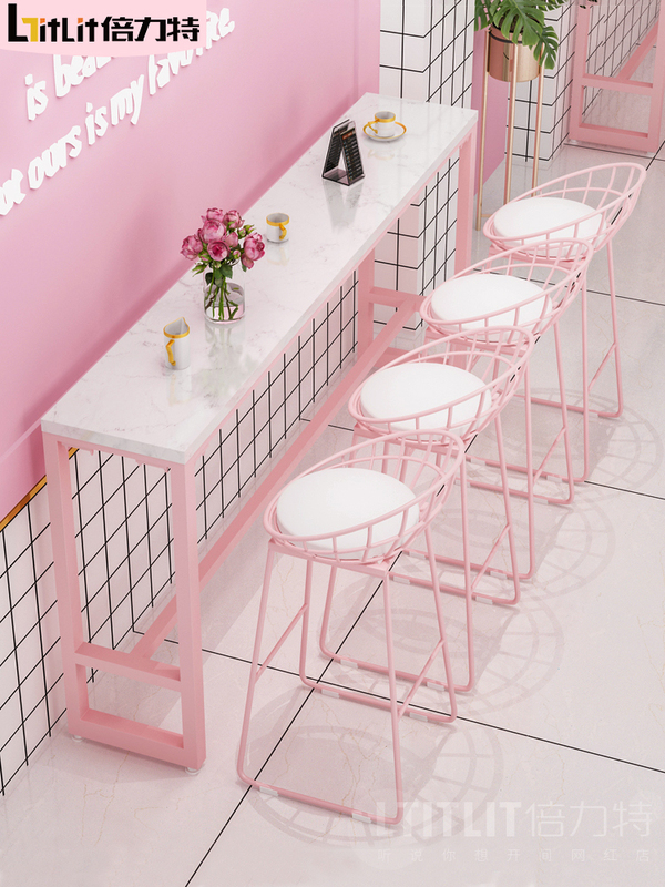 Milk Tea Shop Wall-Mounted High Bar Table, Simple Trendy Pink Table and Chair Set, Nordic Marble Home-Use Long Table