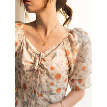 Retro coffee break floral dress female 2021 new summer waist slim v-neck fashion fairy chiffon skirt