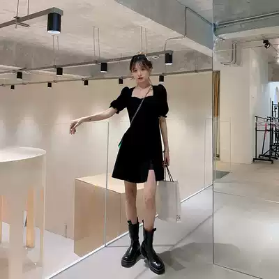 French bubble sleeve black dress women 2021 new summer waist thin temperament Hepburn wind split skirt