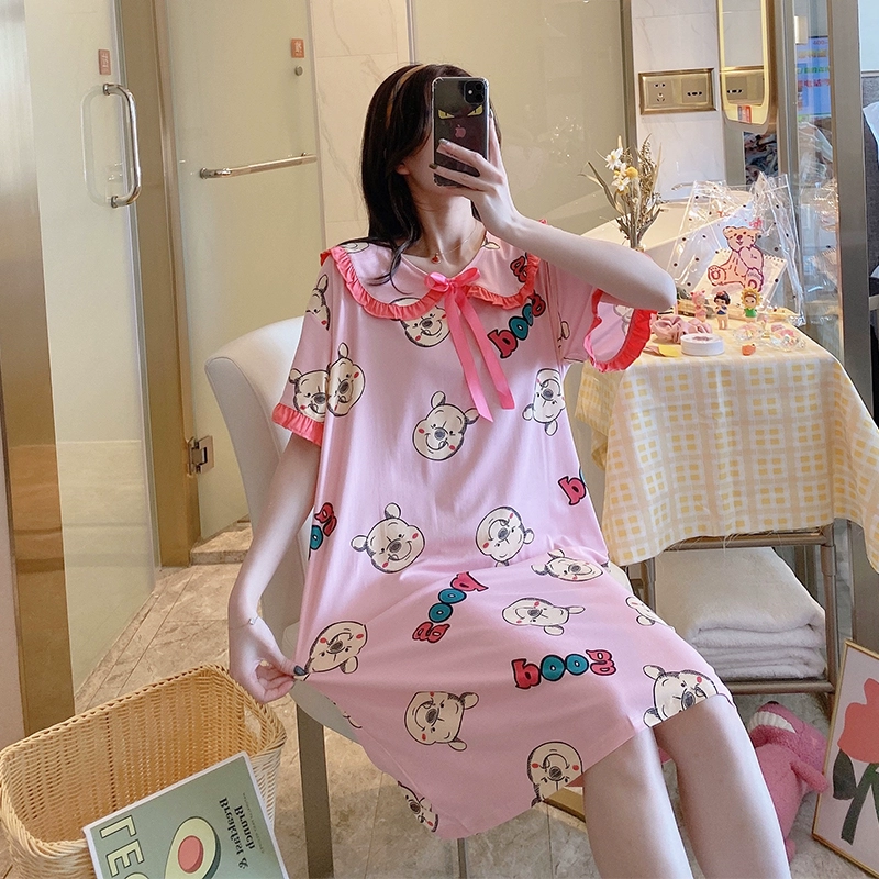 Phong cách Hàn Quốc đồ ngủ nữ váy ngủ mùa hè ngọt ngào và dễ thương váy mùa hè cotton mỏng tay ngắn cộng với kích thước dịch vụ tại nhà - Đêm đầm