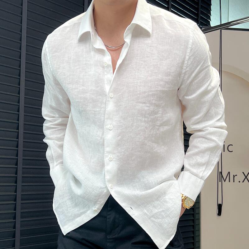 2026 Summer New High-Quality Cotton Linen Solid Color Long-Sleeve Shirt Men's Loose European Style Versatile Top Shirt