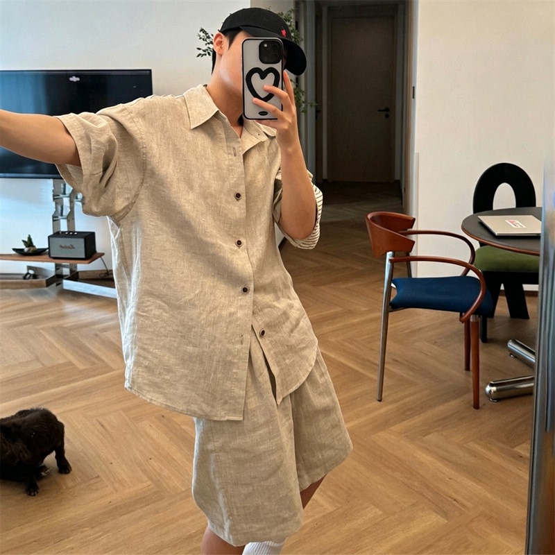 Gp Minimalist~Linen Suit Men's Summer Sun-Protective Short-Sleeve Shirt Two-Piece Set with a Relaxed Old Money Style Gp Minimalist~Linen Suit Men's Summer Sun-Protective Short-Sleeve Shirt Two-Piece Set with a Relaxed Old Money Style