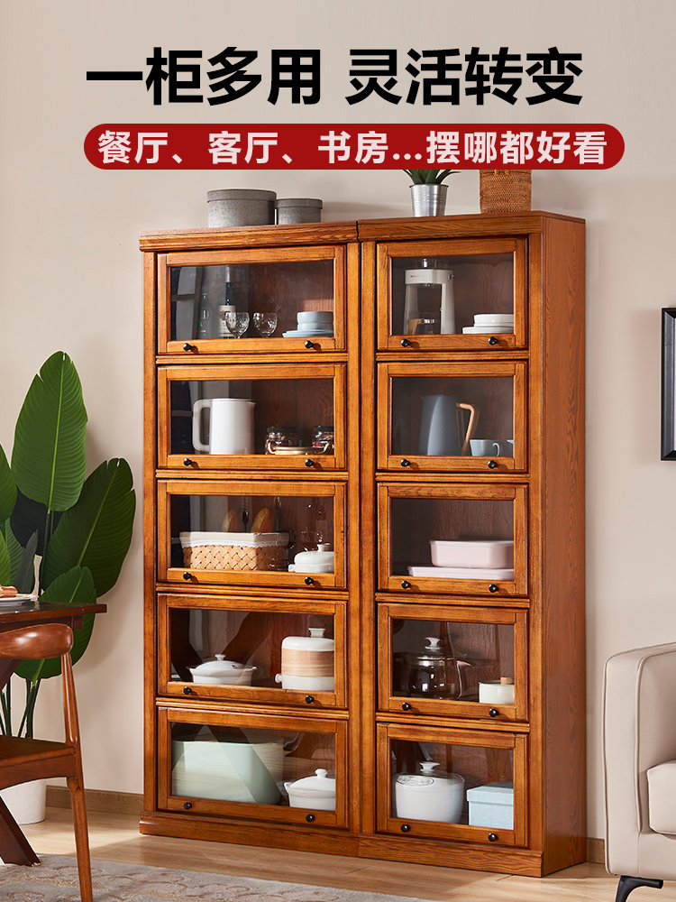 American solid wood bookcase with door Glass door bookcase shelf Living room combination storage cabinet One-piece wall landing