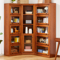 American solid wood corner bookcase with door with glass door locker Living room bookcase shelf Floor-to-ceiling integrated wall