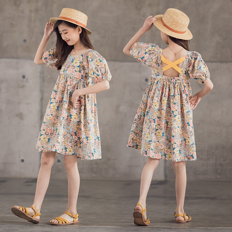 2022 Summer Dress New Girl Short Sleeve Foreign Dress Girl Foreign Pie Pure Cotton Princess Skirt Woman Treasure Summer Trendy Children