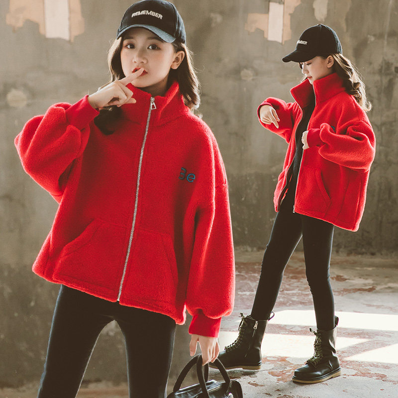 Girl Plush Jacket 2021 Autumn Winter New Children Integrated Suede Cardiovert CUHK Tong Han Edition thickened blouses