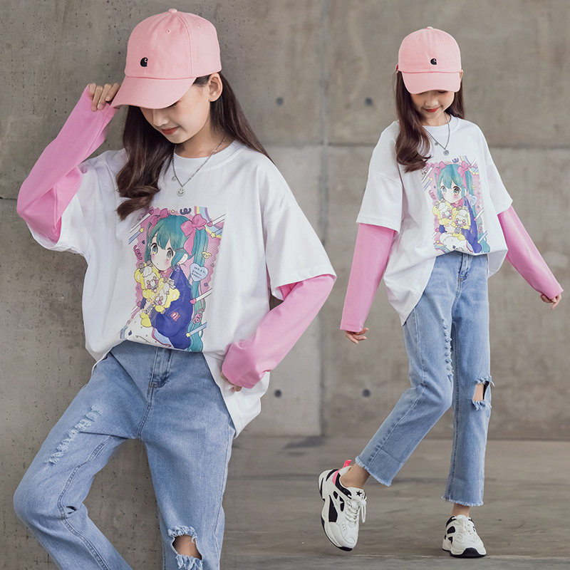 Girls ' base shirt spring new ocean children's long-sleeved T-shirt in the big children's fashion split sleeves fake two tops tide t