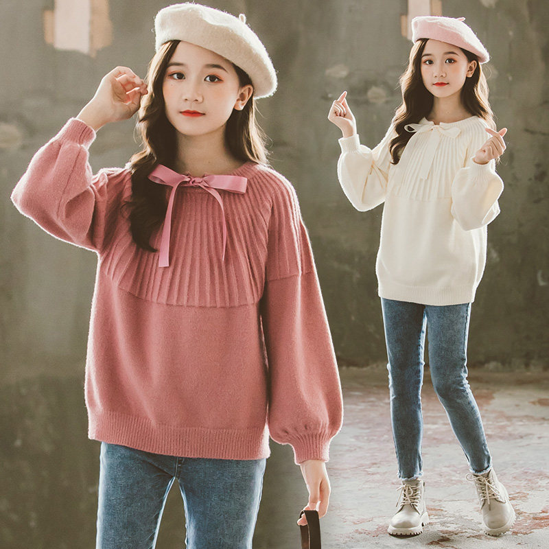 Girl's sweater outside wearing autumn and winter new Korean version Children's foreign pie bow knit cardiovert blouses girl spring autumn daddie