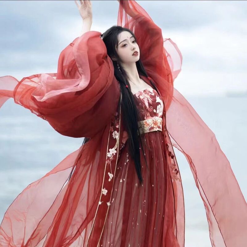 Tang Dynasty Hanfu for Women, Adult Mythological Style Chest-Length Headdress Skirt [Nine-Tailed] Red Embroidery, Super Fairy-Like and Elegant Ancient Costume for Spring