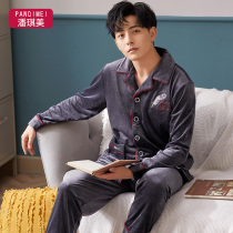 Clearance Spring and Autumn Flannel Pajamas Mens Thin Cardigan Autumn and Winter Padded velvet Coral Velvet Home Clothing