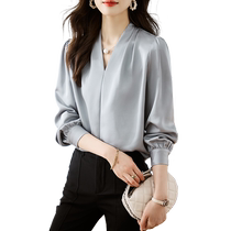 Advanced Senses Lady Shirt 2024 Autumn Fit New Foreign Temperament White Shirt V-collar Style Blouse Long Sleeve