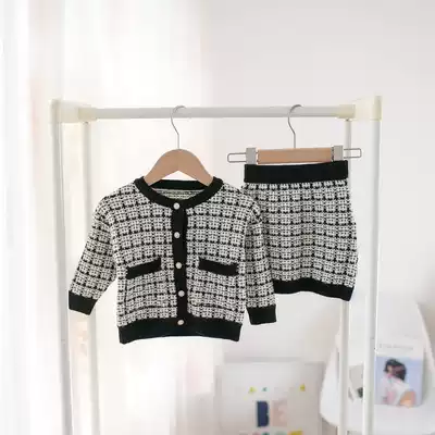 Autumn and winter new small and medium-sized girl plaid suit children's sweater skirt two-piece female treasure sweater cardigan
