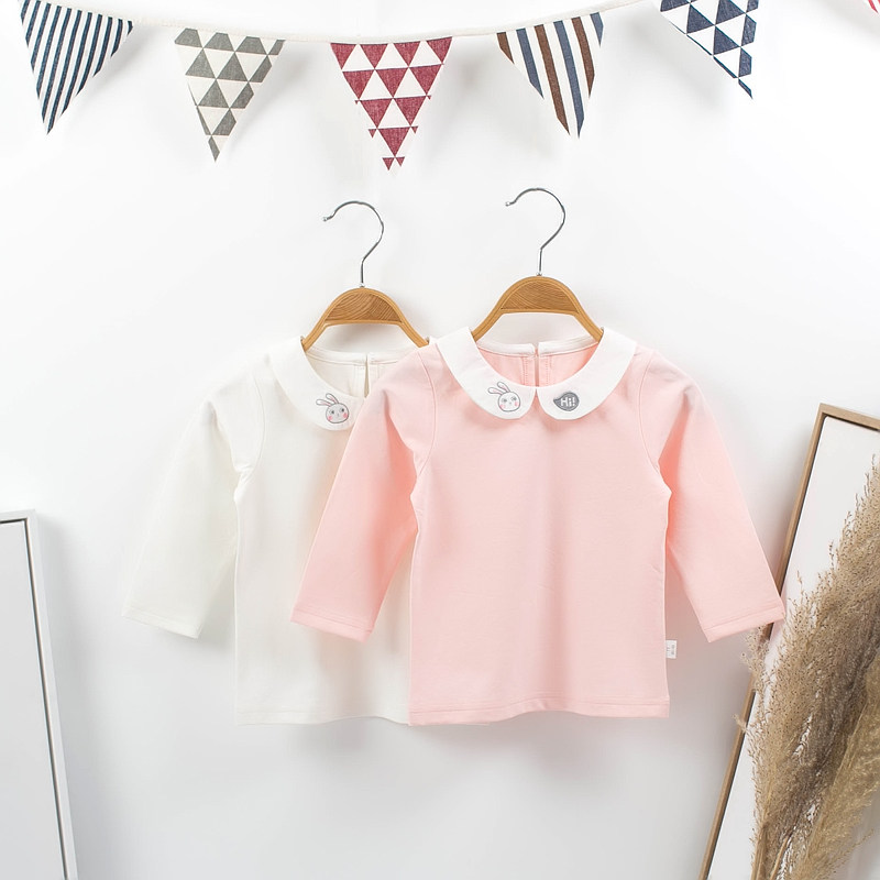 2020 Chun-style children's children's packed children's undershirt female treasure long sleeve pure color doll collar cover head T-shirt round neckline