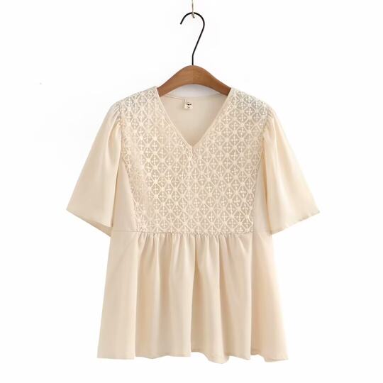 清仓特价女装夏季时尚淑女减龄显瘦雪纺蕾丝拼接V领喇叭袖娃娃衫