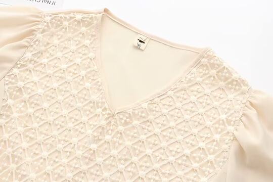 清仓特价女装夏季时尚淑女减龄显瘦雪纺蕾丝拼接V领喇叭袖娃娃衫