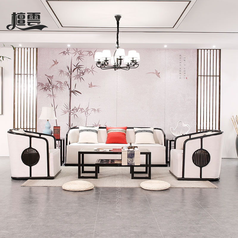 New Chinese-style sofa modern light luxury solid wood sofa combination large-scale living room Zen fabric sofa villa furniture