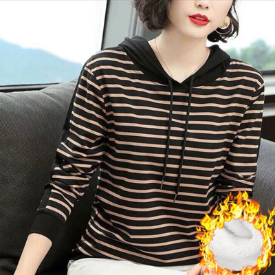 纯棉条纹长袖T恤上衣女宽松