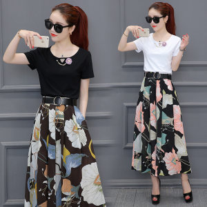 雪纺时尚套装女夏装2018欧洲站修身气质印花