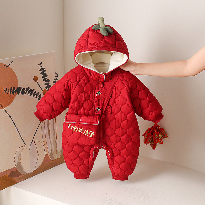 Baby Autumn and Winter Jumpsuit with Fleece Lining, Quilted Cotton Clothing, Red Festive New Year Outfit with Zipper and Hood